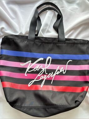 Karl Lagerfeld Black Tote with Blue, Pink and Red Stripes